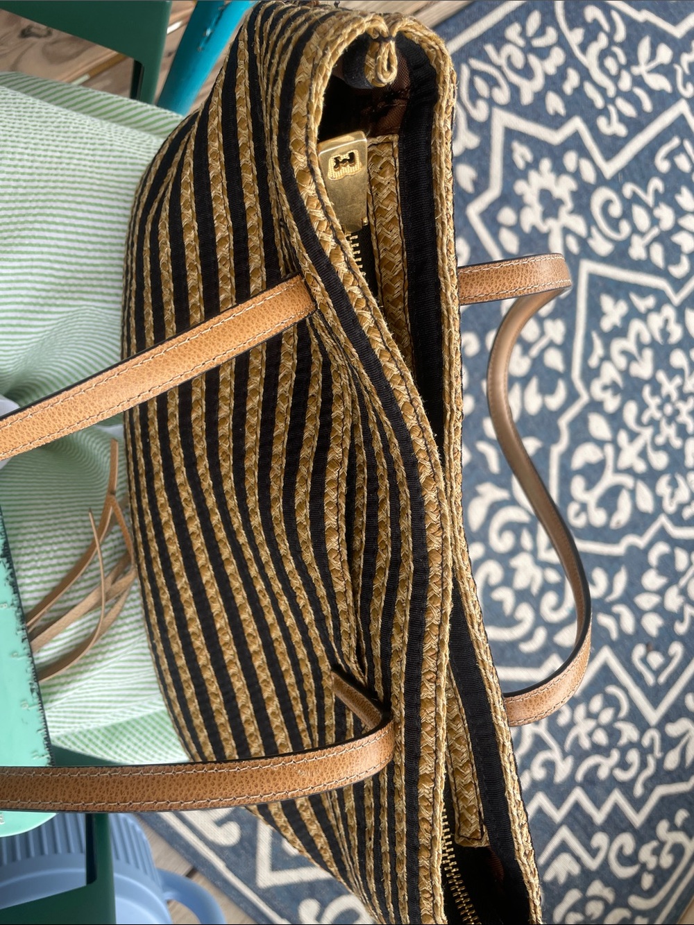 Eric Javits Raffia Black and Tan Striped Shoulder Bag - Picture 8 of 16